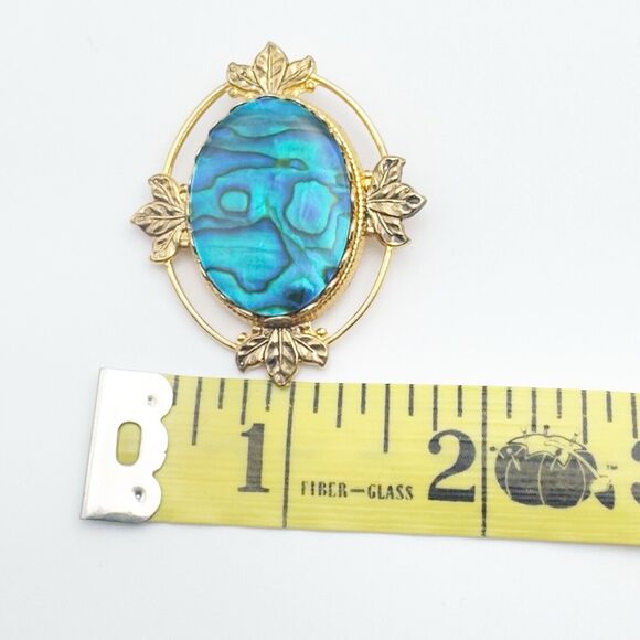 Vintage Abalone Paua Shell Brooch Gold Tone Blue Green 1970s Retro Iridescent 2" - Picture 6 of 6